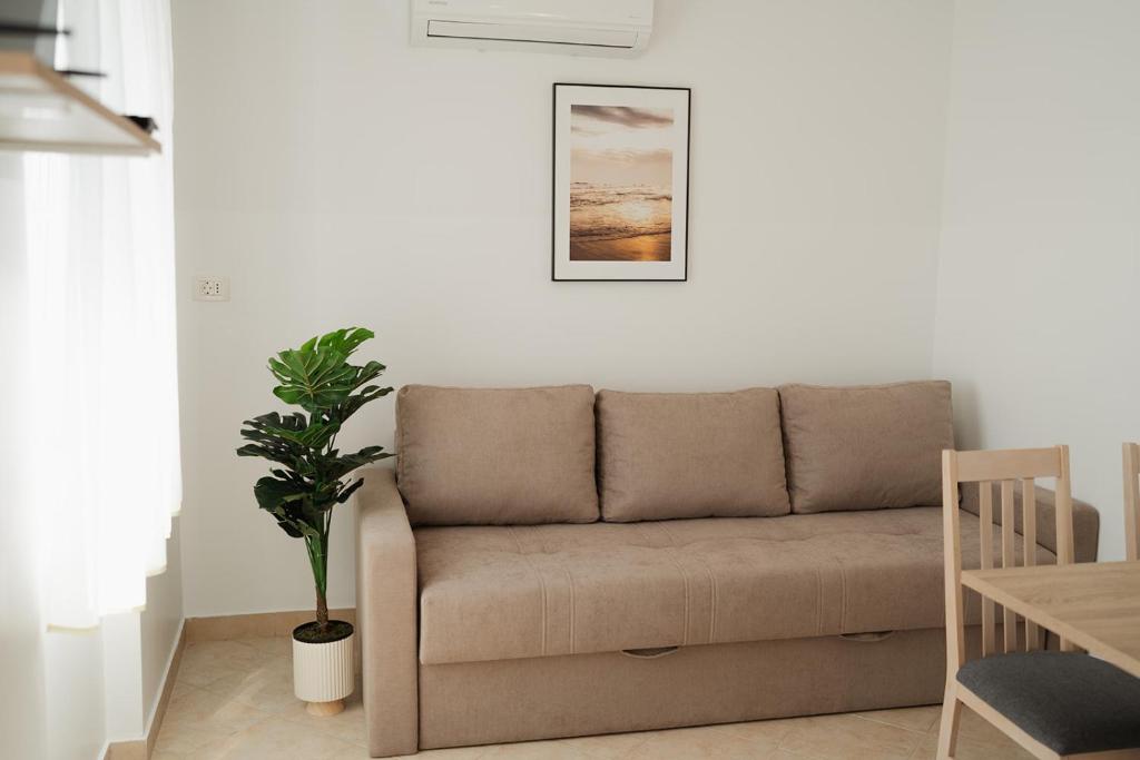 a living room with a couch and a plant at Oaza in Nerezine