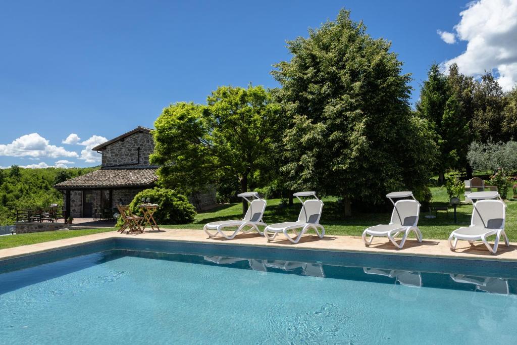 eine Gruppe von Liegestühlen und ein Schwimmbecken in der Unterkunft Agriturismo Antico Corniolo - Gradoli - Lago di Bolsena in Gradoli