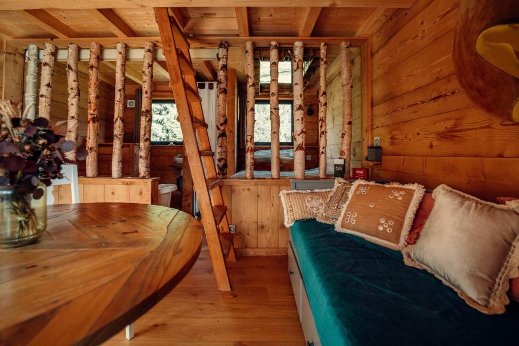 a room with a table and a couch in a cabin at lodge 1 - les jolis chalets in Barbey-Séroux
