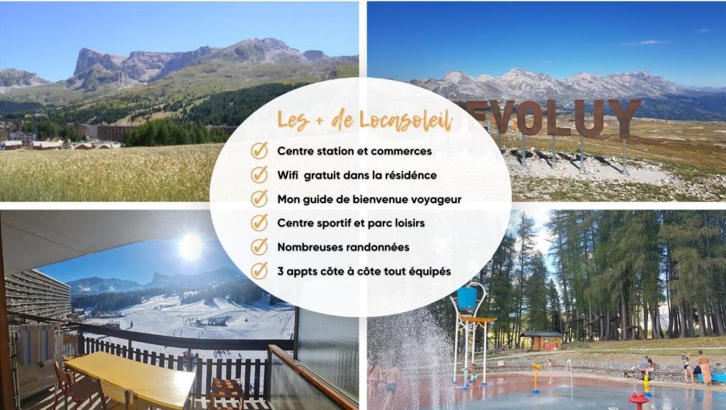 a collage of photos of a resort with a sign at Appt pied pistes et centre station Superdévoluy chez Locasoleil in Le Dévoluy