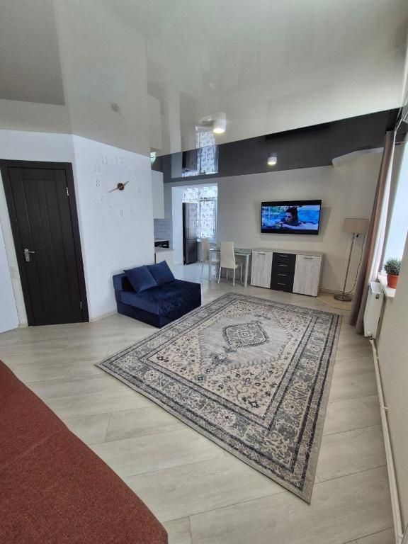 a living room with a blue couch and a rug at Nest & Rest StuDio in Stavcheny