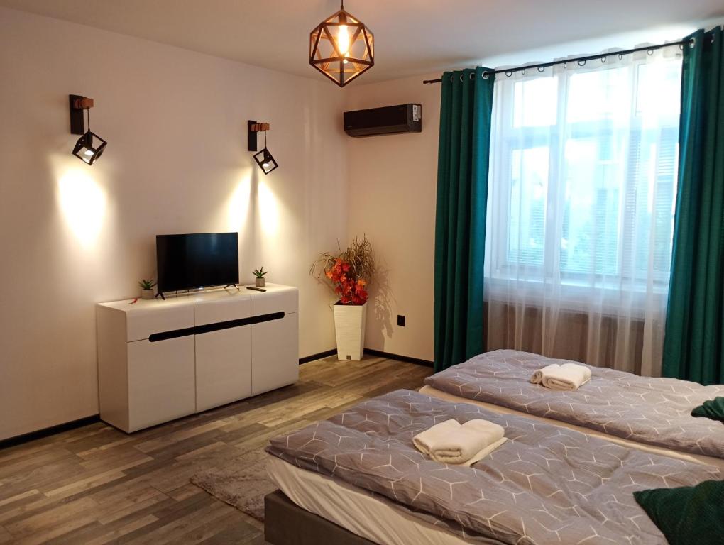 a bedroom with two beds and a tv and a window at Zacisze 4 in Przemyśl