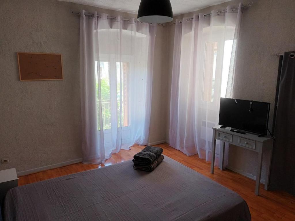 sypialnia z łóżkiem, telewizorem i zasłonami w obiekcie Appartement Corte w mieście Corte