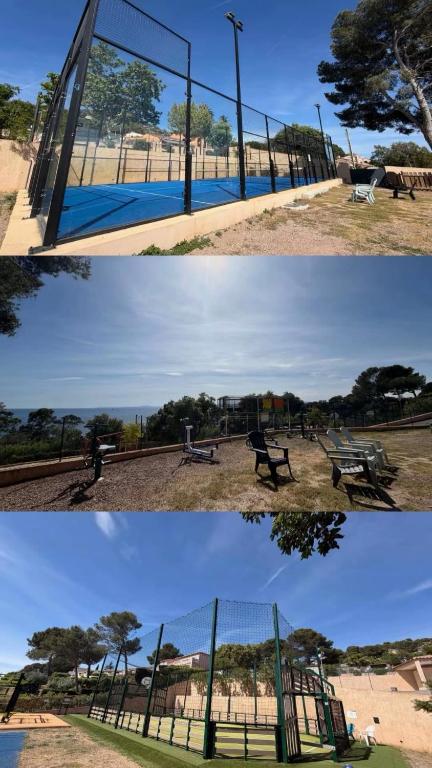 two pictures of a park with a bench and a playground at Chez Yoyo Mobil-home tout confort pour des vacances inoubliables in Saint-Raphaël