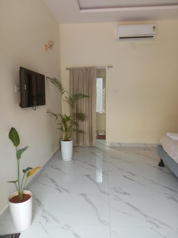 a living room with white marble floors and potted plants at Mega Grand Rooms in Narasaraopet