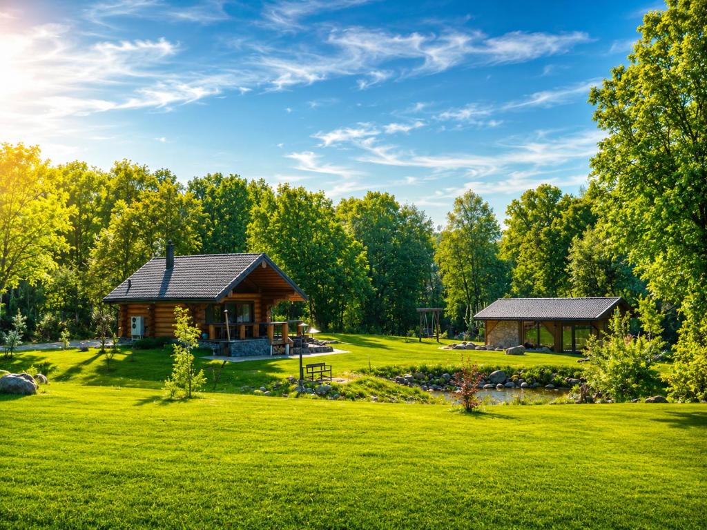a log cabin in the middle of a green field at Pirtis pas Astą in Lelaičiai