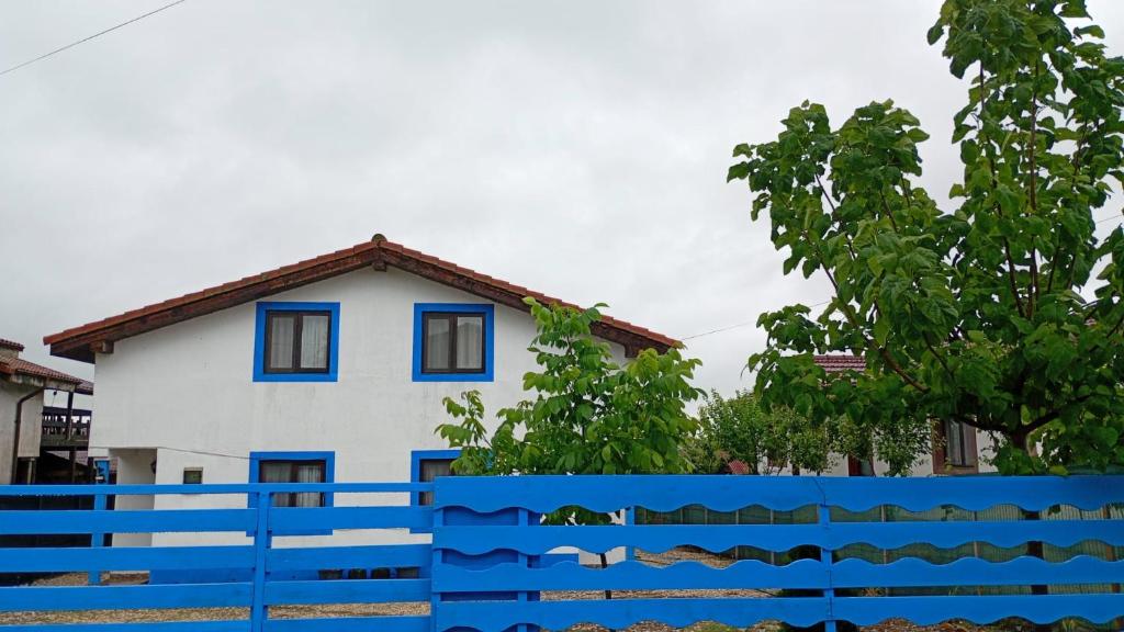 a blue fence in front of a white house at Vila Lotus in Murighiol