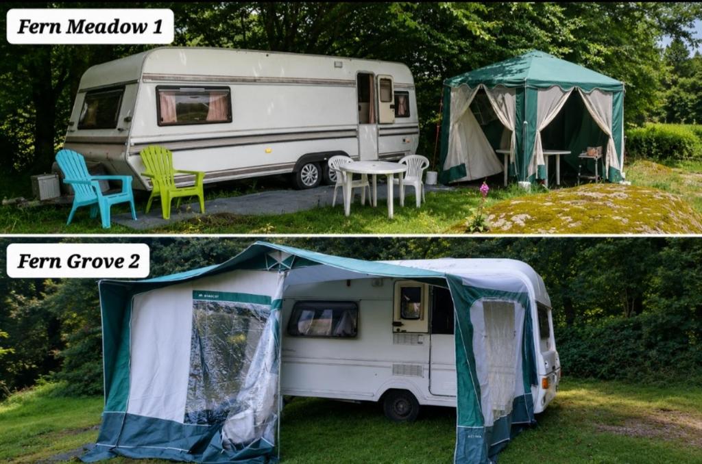 two pictures of a camper and a tent at Fern Meadow Caravan 1 in Saint-Michel-de-Montjoie