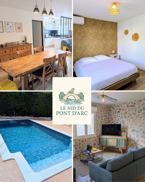 a collage of pictures of a hotel room and a pool at Villa Le Nid du Pont d'Arc in Vallon-Pont-dʼArc
