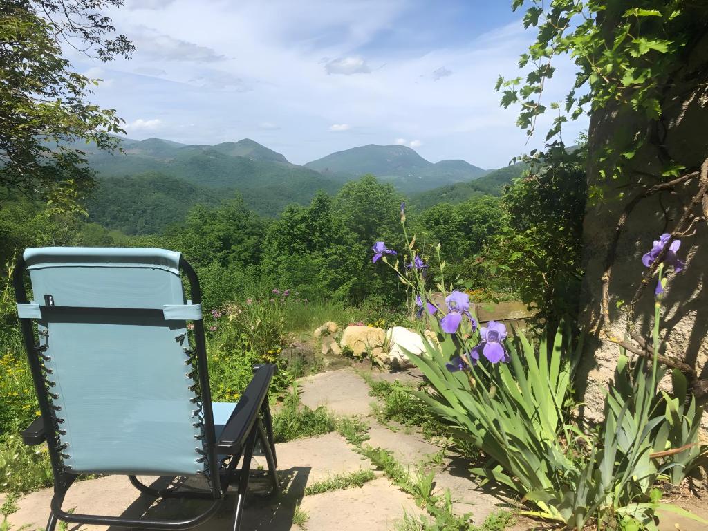 a blue mailbox sitting in a garden with mountains in the background at Maison De Fontale in Aleu
