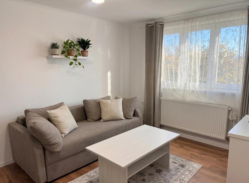 a living room with a couch and a table at Sissi Apartments in Gheorgheni