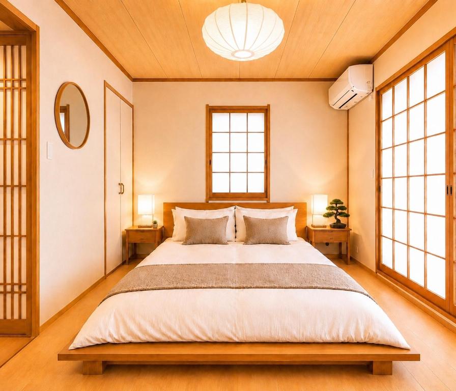 a bedroom with a large bed and two windows at 渋谷駅徒歩10分!!一棟まるごと貸し切り!お子様歓迎駐車場無料10人ok5部屋バスルーム2つ in Tokyo