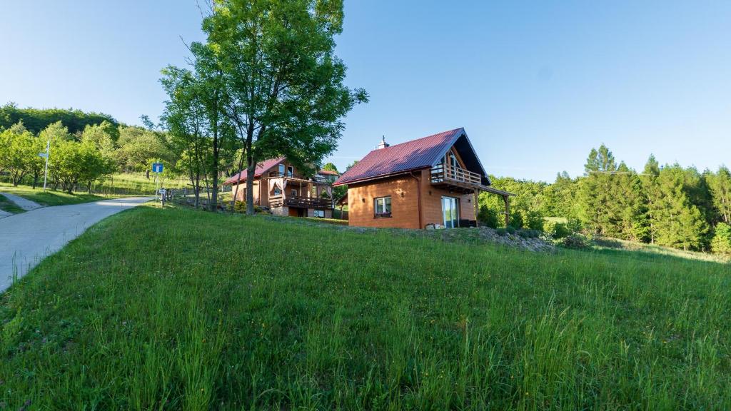 a house on a grassy hill next to a road at Domek na Modyni, Dwa domki z ruską balią i sauną in Łącko