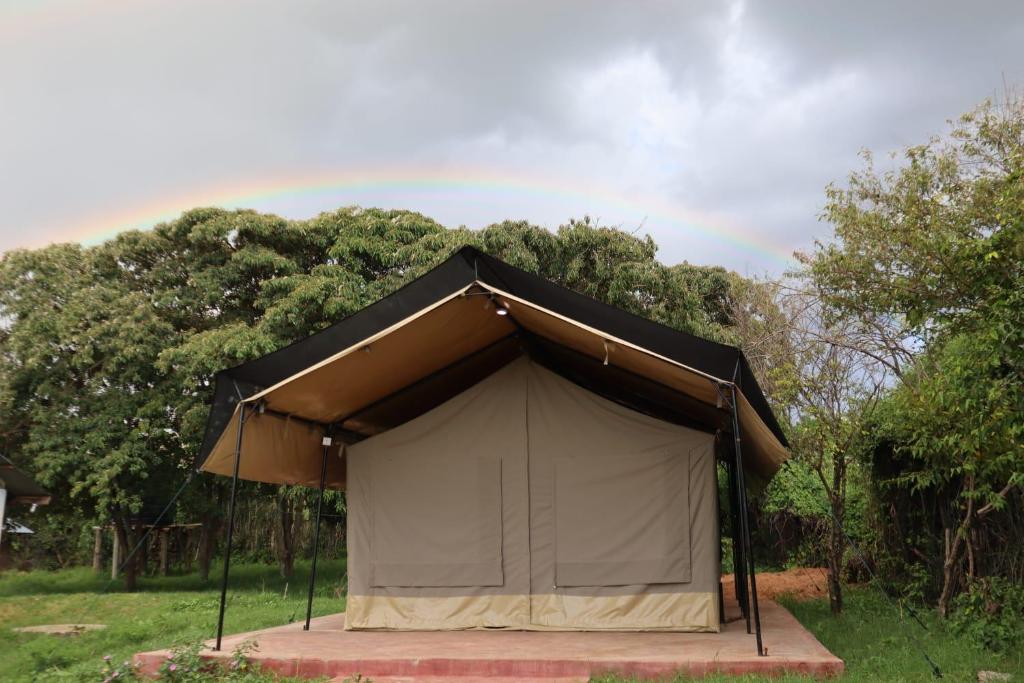 a tent in a field with a rainbow in the background at Elephant trails camp in Sekenani