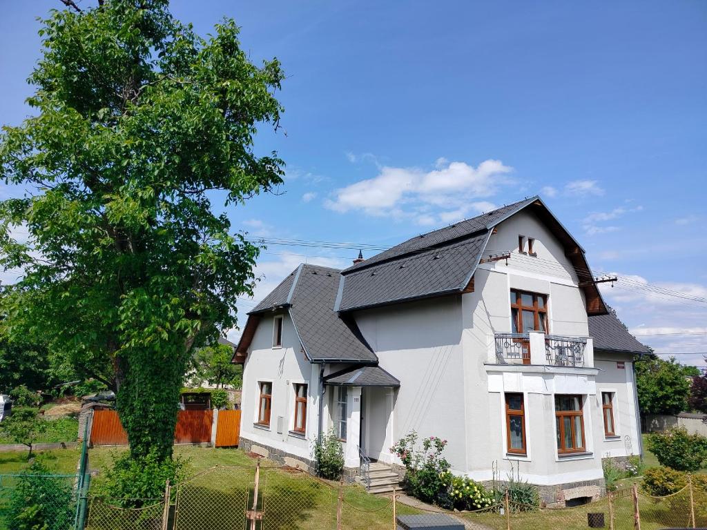 a white house with a black roof next to a tree at Vila Rychleby Javorník in Javorník