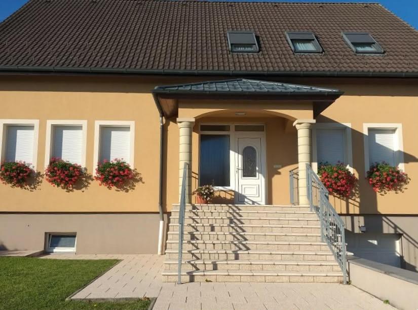 a house with stairs and flowers on the front door at Vad-Virág Vendégház in Fertőrákos
