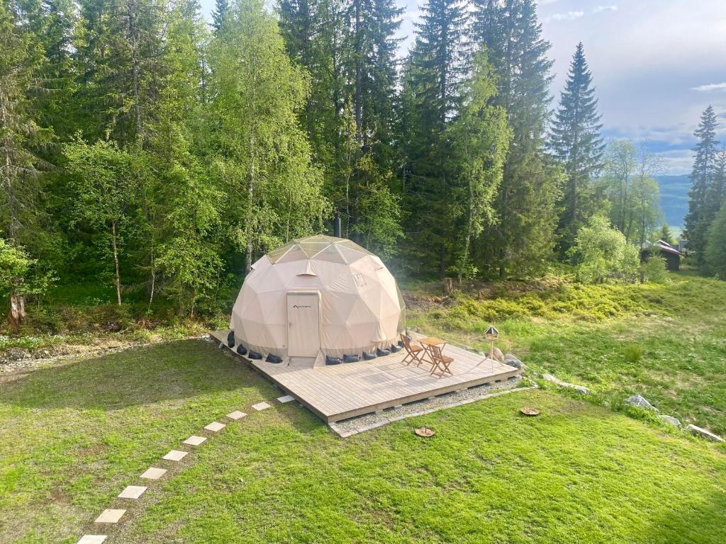 a yurt with a dog on a deck in a field at Dome Glamping with shared bathroom in Lillehammer