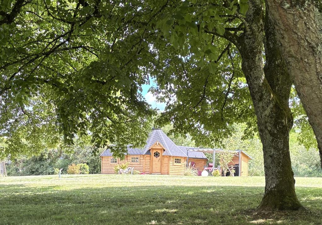 a log cabin in a field with a tree at Le kota des 3 tilleuls in Dampierre-sur-Salon