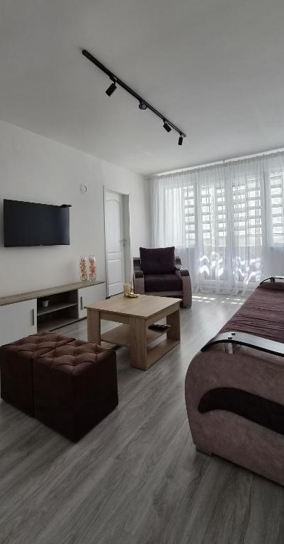 a living room with a couch and a table at S Apartman Vrdnik in Vrdnik