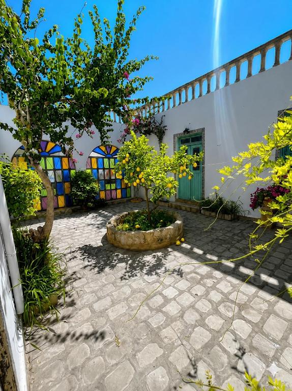 a courtyard with a tree and a fence at Casa Giallo Kelibia - Traditional charm in Kelibia