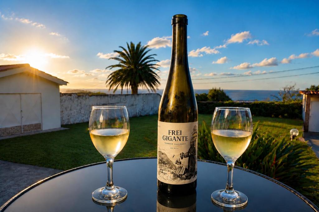 a bottle of wine and two glasses on a table at Quinta do Sol Ocean Villa with Spa Bath & Volcano Views in Rabo de Peixe