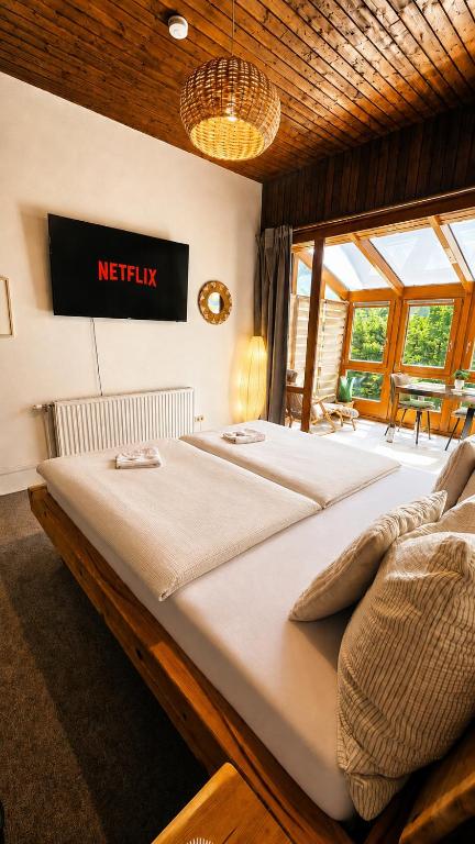 a bedroom with a large bed in a room at Mountain View Room mit sonnigem Wintergarten in Dietmannsdorf bei Trieben