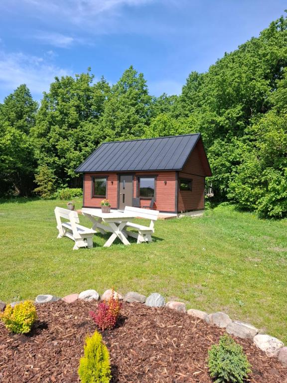 a small cabin with a picnic table in the grass at Pärna Muhu Island 2 in Paenase