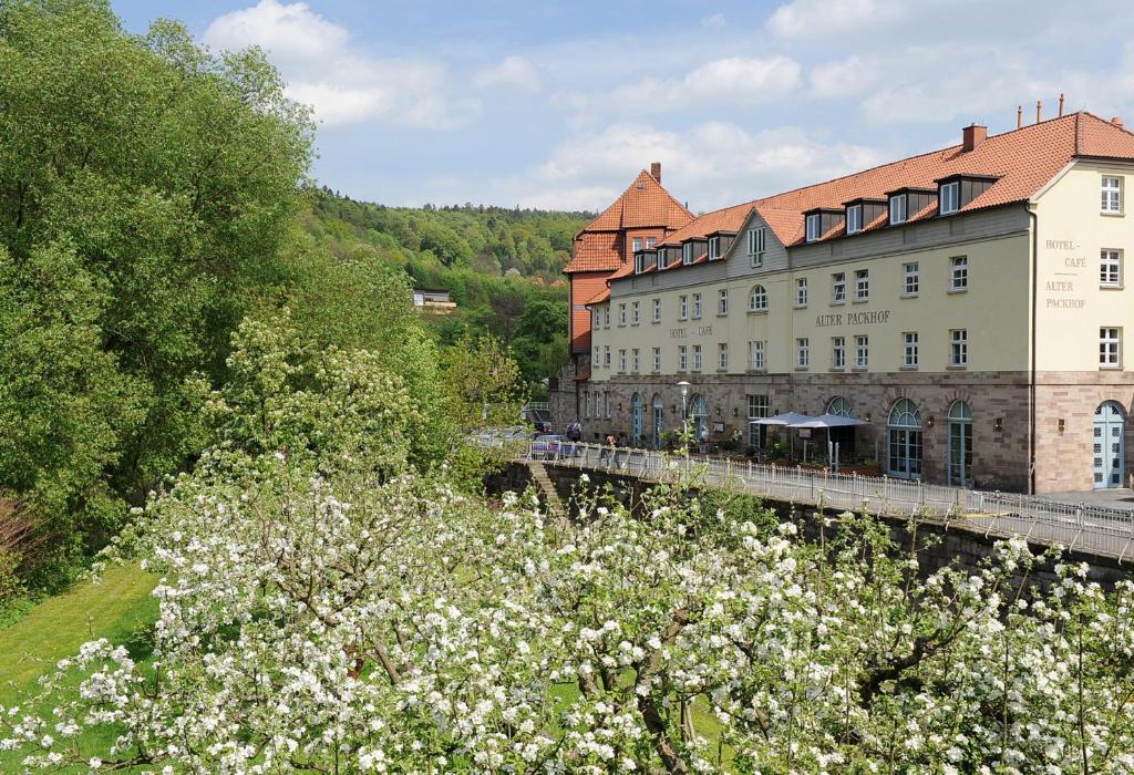 a building with a bridge and flowers in front of it at Hotel Alter Packhof in Hannoversch Münden