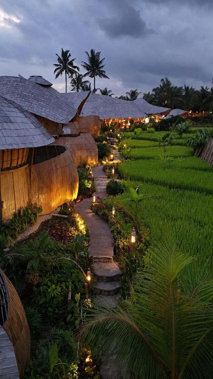 a garden with lights in a rice field at night at Green Lander Ubud in Ubud