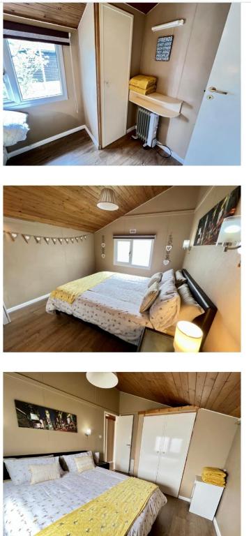 two pictures of a room with two beds in it at Hoburne Holiday Park, Cotswold, Bumblebee Lodge in South Cerney