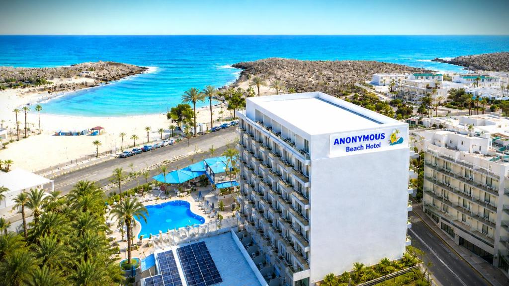 an aerial view of the hotel and the beach at Anonymous Beach Hotel (Adults 16+) in Ayia Napa
