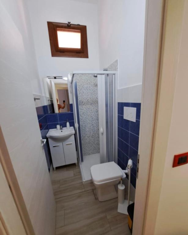 a small bathroom with a toilet and a shower at La casa rossa in Siderno Marina