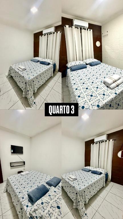 two pictures of a bedroom with two beds in it at Estadia rápida- Quarto 3 in Bayeux