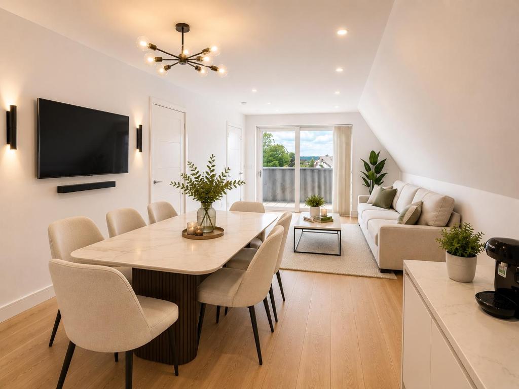 a dining room with a table and chairs and a couch at Barnet Luxe 2 Bedroom Penthouse in Barnet