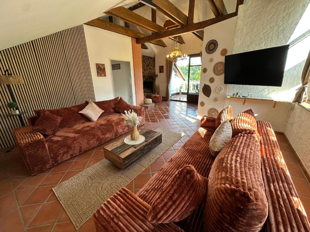 a living room with a couch and a tv at Honor-Penthouse in Linz