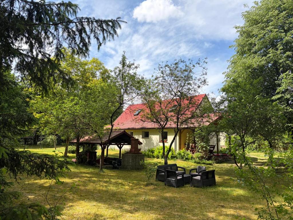 a house with a red roof in the yard at Gąsiorówka in Gryżyna