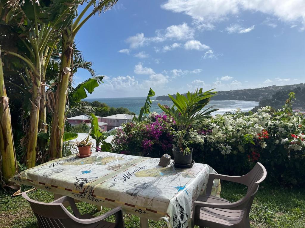 a table and chairs with a table and flowers at Le Touloulou , vue mer et jardin tropical in Le Lorrain