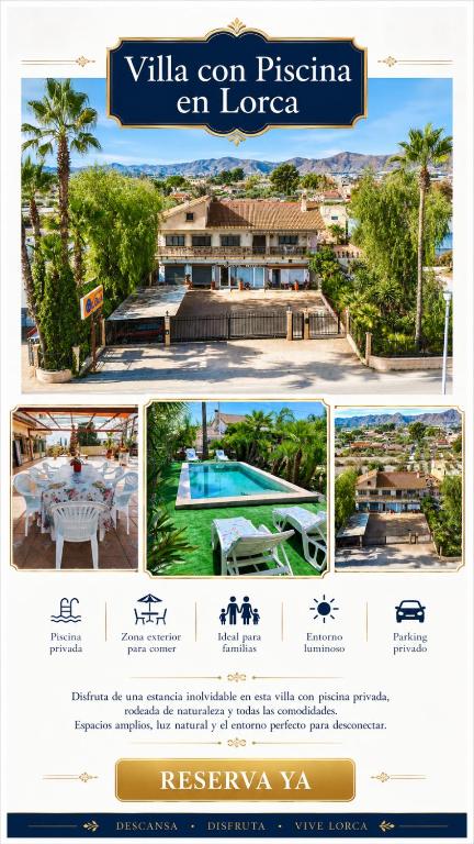 a collage of pictures of a villa onassis at Villa en Lorca 2 Piscinas Vistas Gran Terraza y Barbacoa-Venta Ruizo Hasta 20 personas in Lorca