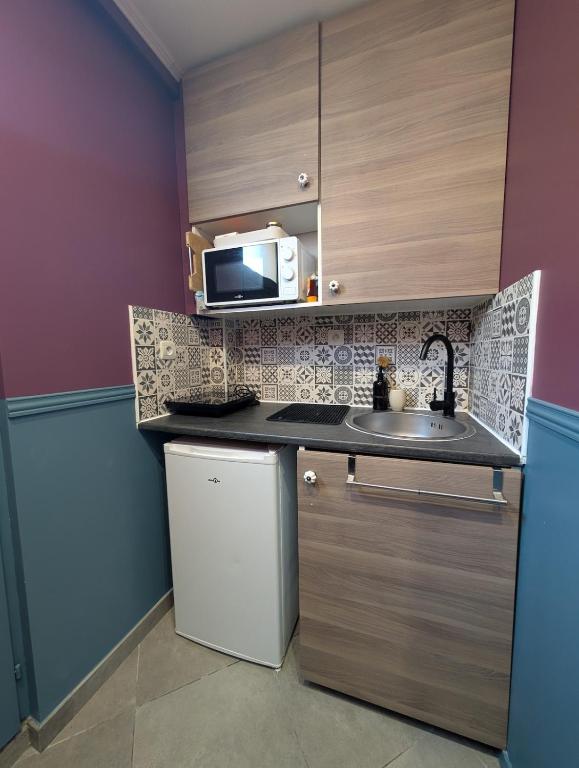 a small kitchen with a sink and a microwave at Le Boudoir d'Héloïse in Breux Jouy