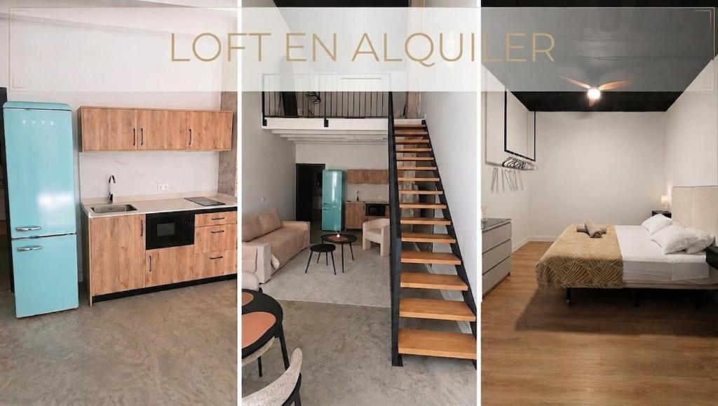 two images of a kitchen and a room with a loftulum at Apartamento Coworking in Novo Sancti Petri