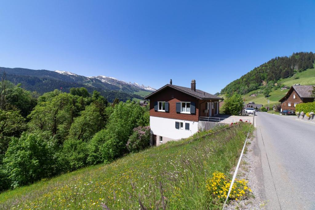 a house on a hill next to a road at Churfirstenblick in Wildhaus
