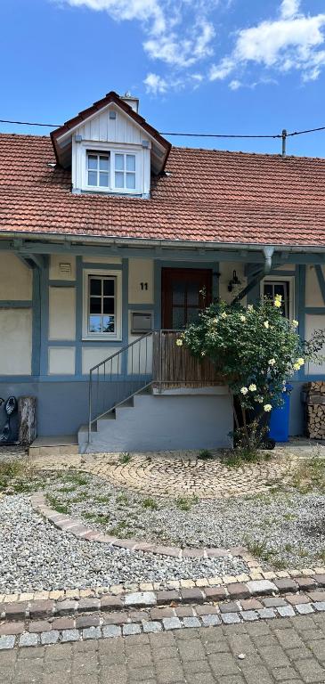 a blue house with a porch and a window at Tiny House mit Terrasse nahe dem Bodensee in Wahlwies
