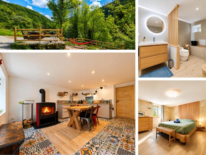 a collage of pictures of a home with a fireplace at Voyage éco-responsable Immersion nature Wifi in Belleydoux