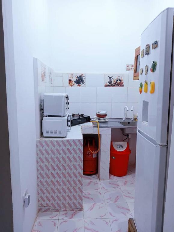 a kitchen with a white refrigerator and a sink at bed and breakfast in Kidoti