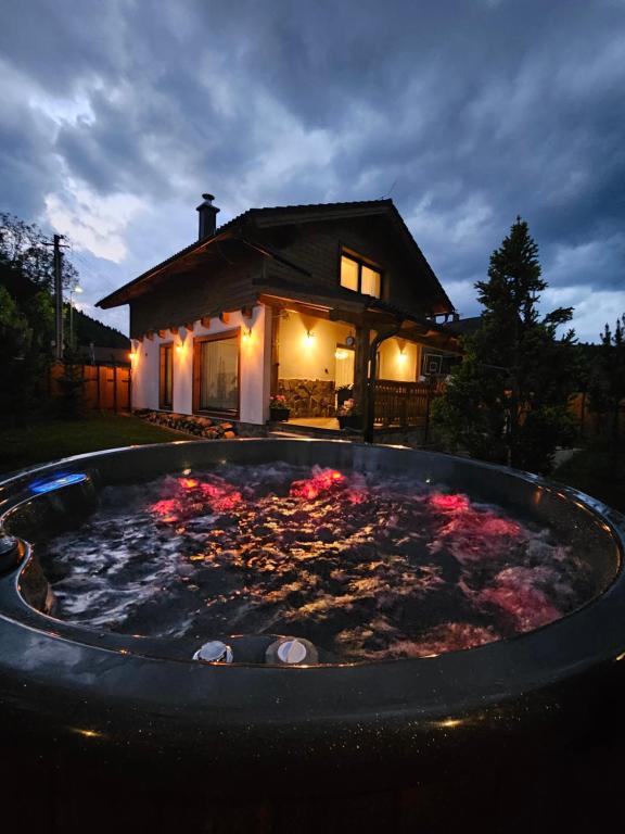 a large pond in front of a house at night at Chata Ďumbier in Bystrá