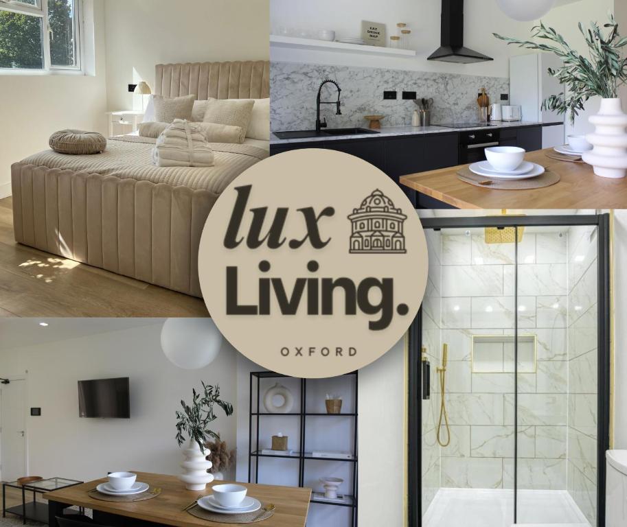 a room with a just living sign and a kitchen at Lux Living No 6 Luxury 1-Bed Free Parking Oxford in Oxford