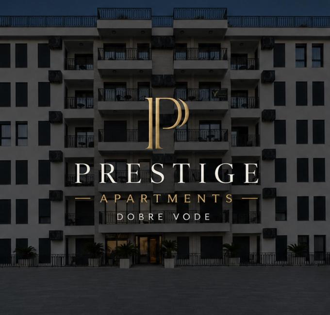 a building with a sign that reads prestige apartments in doner wrote at Prestige Lux Apartment in Bijela Glavica