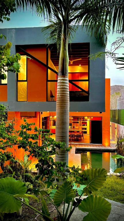 a building with a palm tree in front of it at Beautiful private villa with an ecological pool in Santa Maria Huatulco