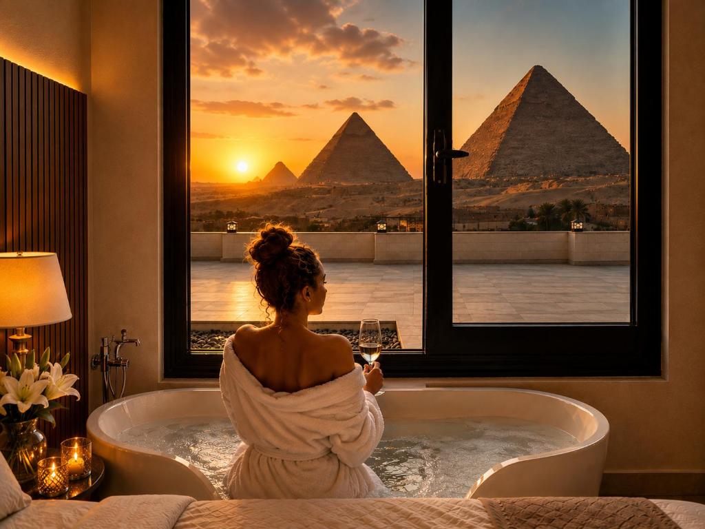 a woman sitting in a bath tub in a room with pyramids at King's Gate Pyramids Horizon in Cairo