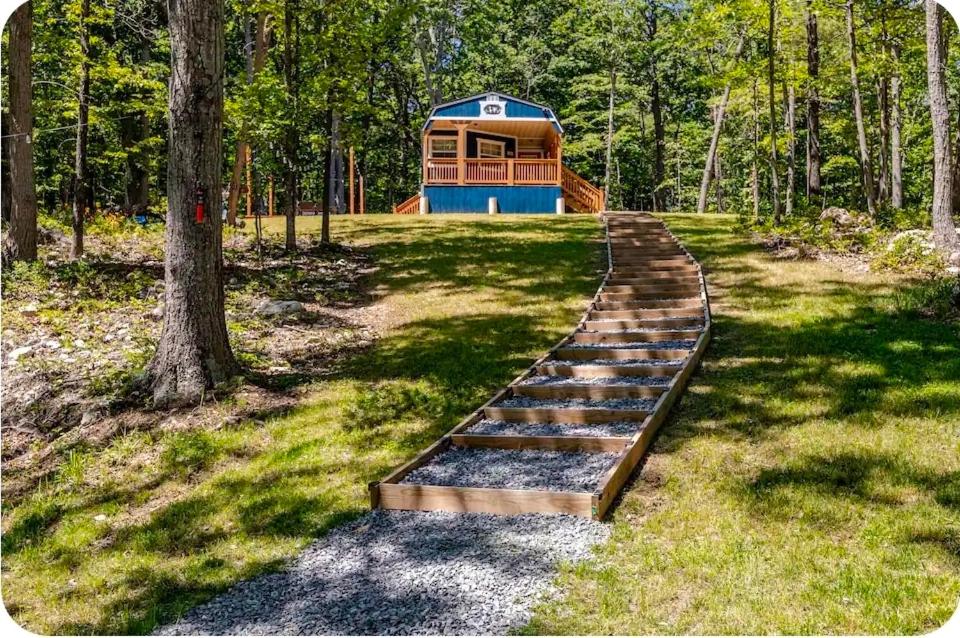 a house in the woods with a path leading to it at Serenity Cabin - Cozy Mountain retreat near Shenandoah National Park in Luray